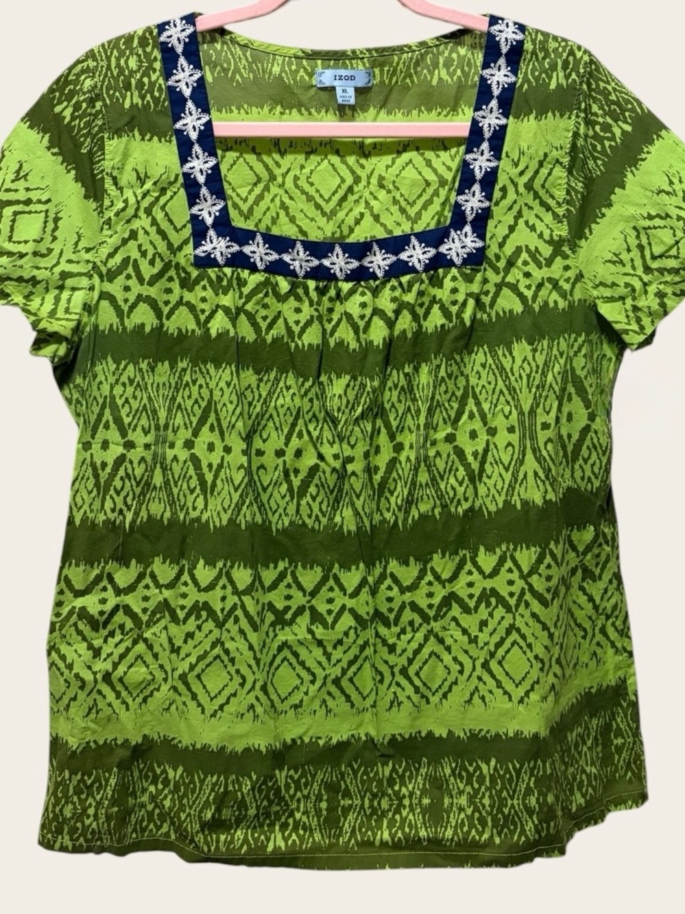 IZOD Women’s XL Green 100% Cotton Embroidered Square Neck Boho Top